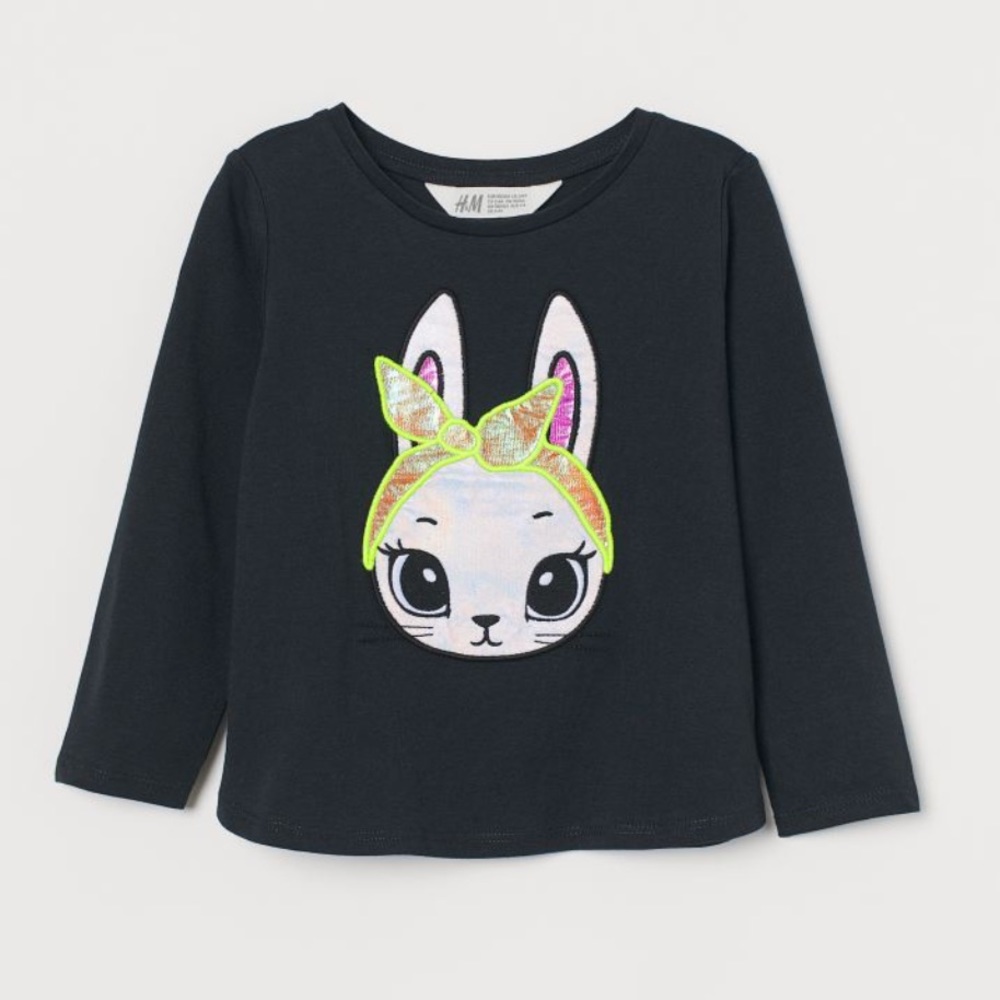 H&M Kids Long Sleeve Tee - Black with Bunny Design